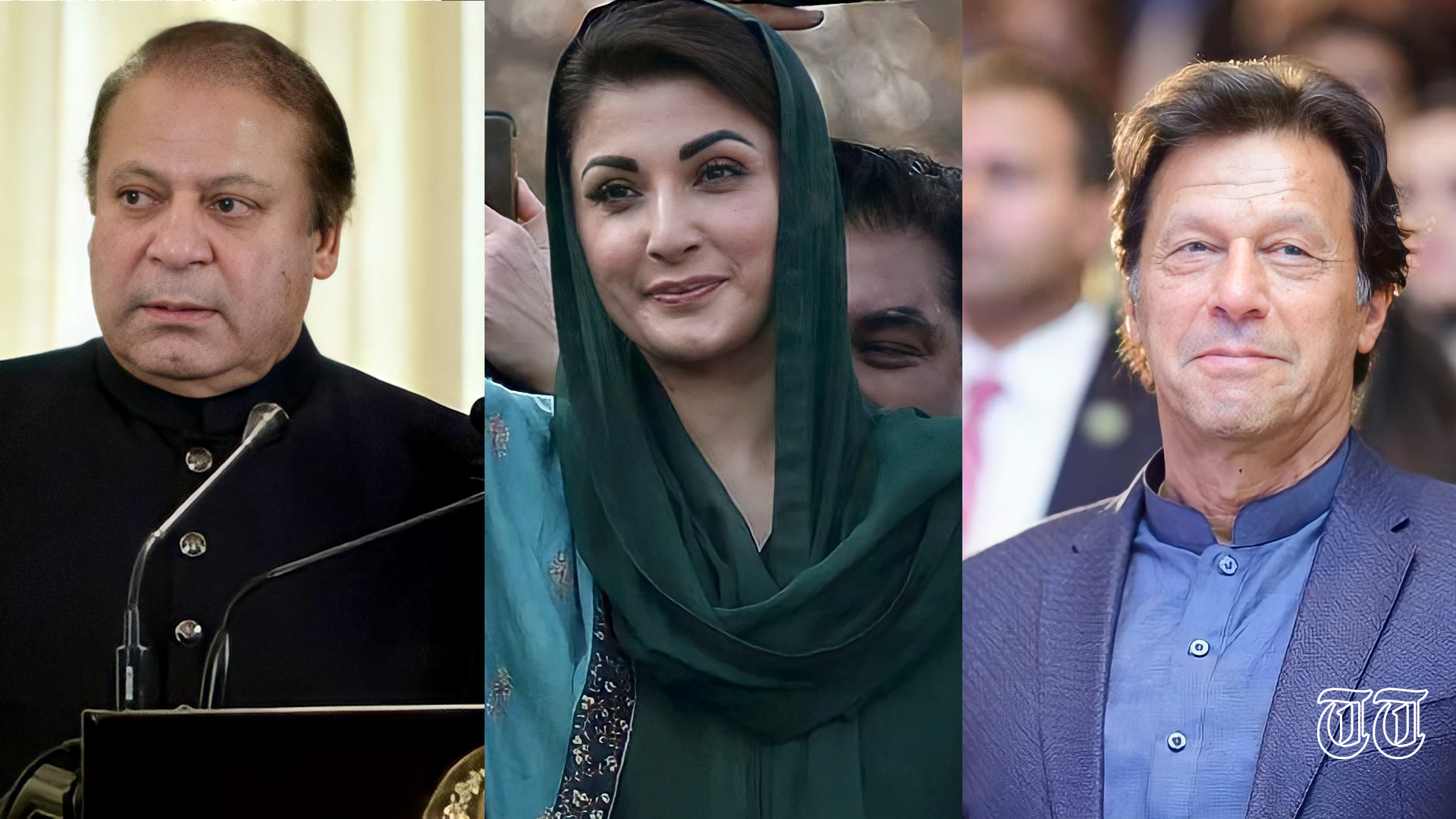 L to R shows PML(N) chief Nawaz Sharif, senior PML(N) leader Maryam Nawaz, and PTI chairman Imran Khan.