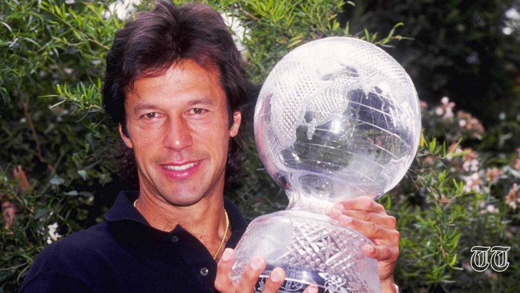 Imran Khan holds the Cricket World Cup trophy in 1992.