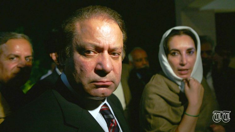 A file photo is shown of PML(N) chief Nawaz Sharif alongside former prime minister Benazir Bhutto.