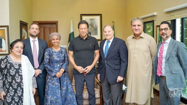 A file photo shows former Prime Minister Imran Khan alongside Congresswoman Ilhan Omar.