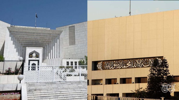 A combination file photo shows the National Assembly next to the Supreme Court in Islamabad.