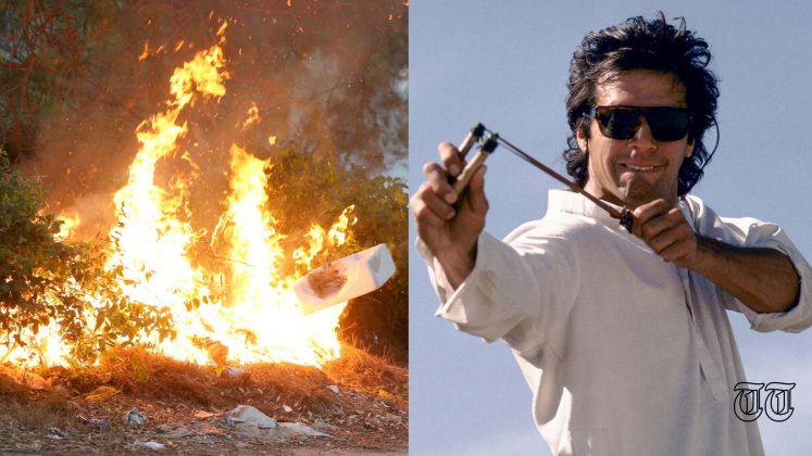A combination file photo is shown of former prime minister Imran Khan alongside forest fires spawned by anti-government protesters in Islamabad.