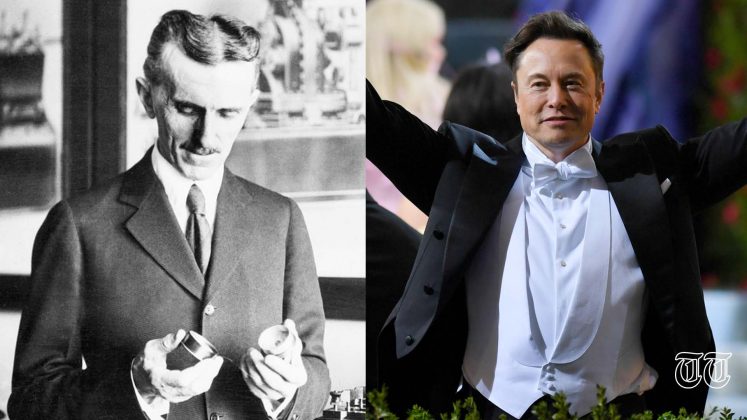This combination file photo shows Serbian-American inventor Nikola Tesla alongside South African-American business magnate Elon Musk.