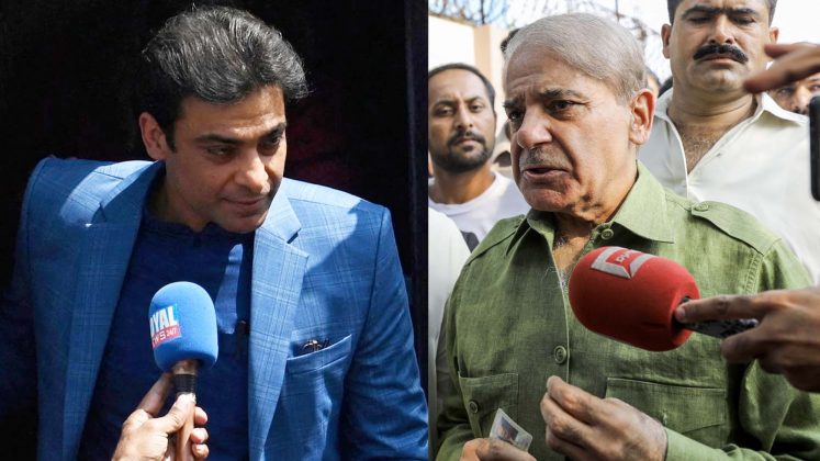 Prime Minister Shehbaz Sharif (R) is pictured in this combination photo alongside his son, Chief Minister for the Punjab Hamza Shahbaz.