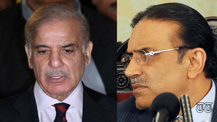 A combination photo is shown of prime minister Shehbaz Sharif and former president Asif Ali Zardari.