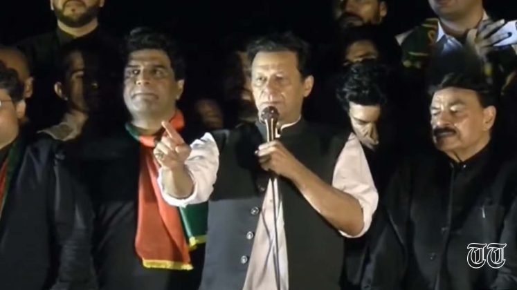 PTI president Imran Khan addresses a rally in Islamabad.