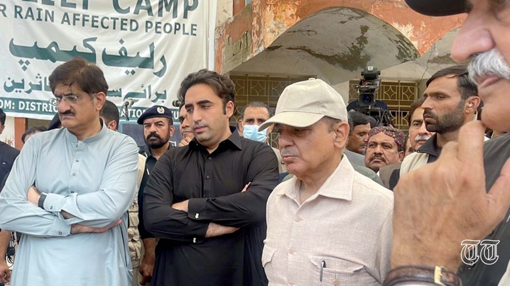 A file photo is shown of prime minister Shahbaz Sharif and foreign minister Bilawal Bhutto Zardari at a flood victim camp.