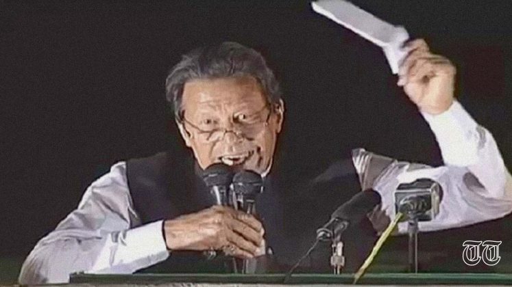 PTI president Imran Khan is pictured addressing a rally.