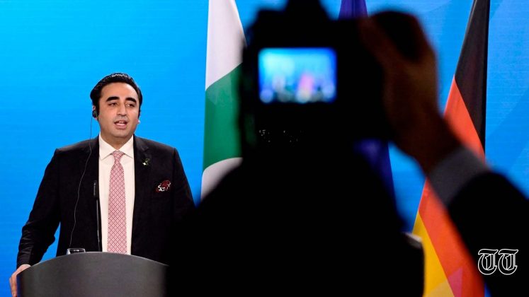 Foreign Minister Bilawal Bhutto Zardari is pictured addressing a press conference at Berlin.