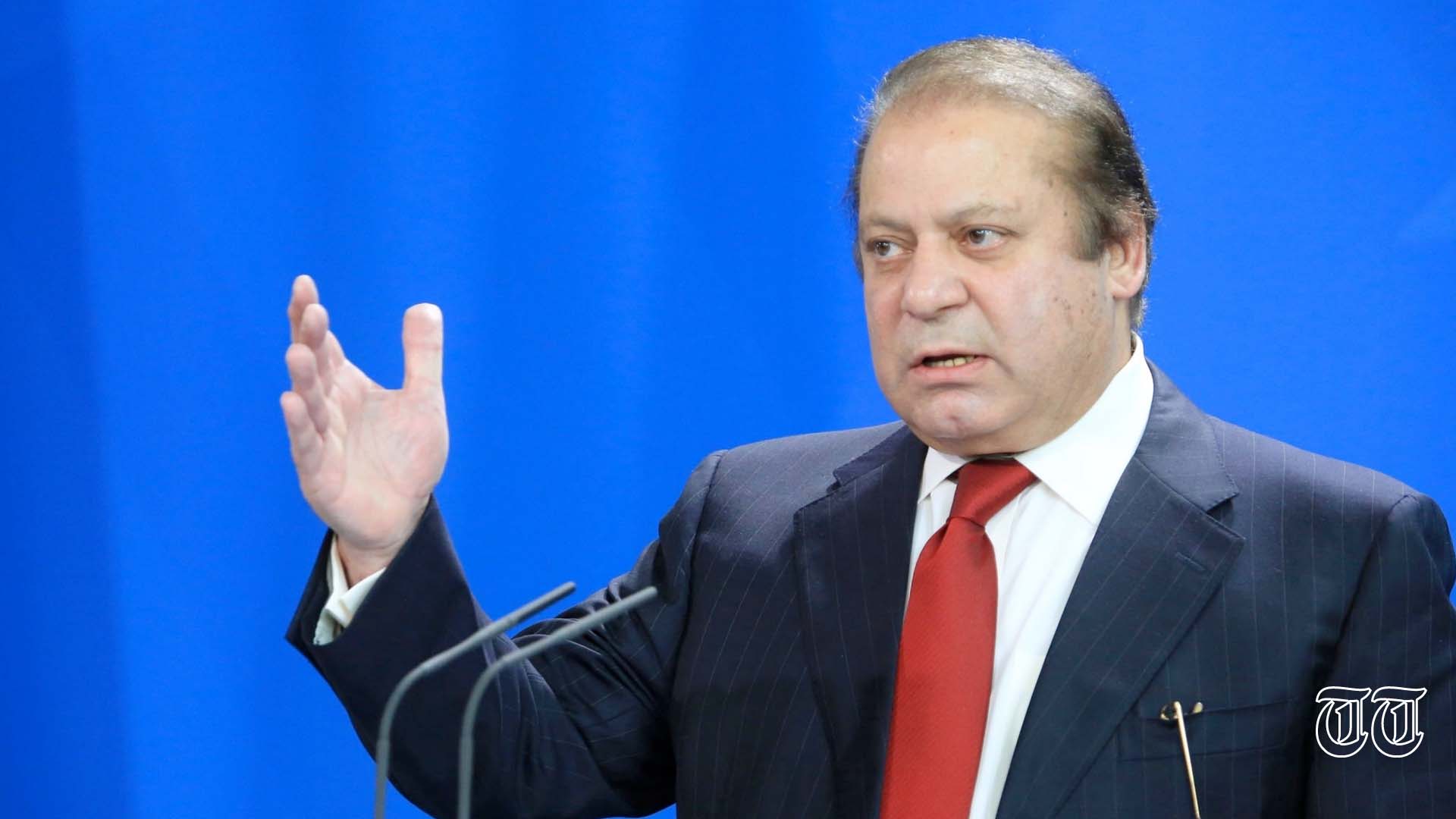 A file photo is shown of former prime minister Nawaz Sharif speaking at a conference in Berlin.