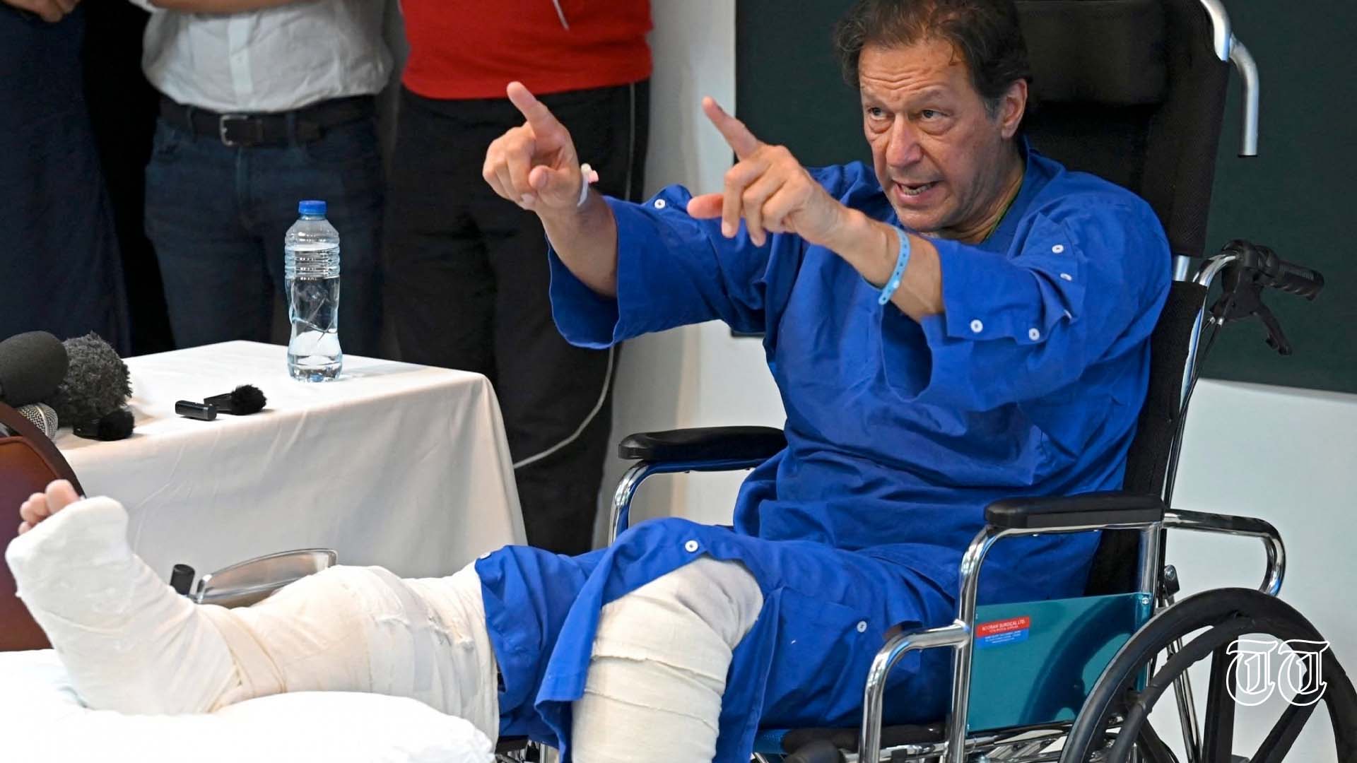 A file photo is shown of PTI president Imran Khan addressing the media at a hospital in Lahore.