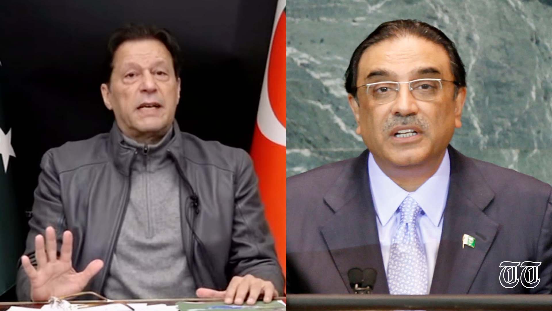 A combination file photo is shown of PTI president Imran Khan alongside former Pakistani president Asif Ali Zardari.