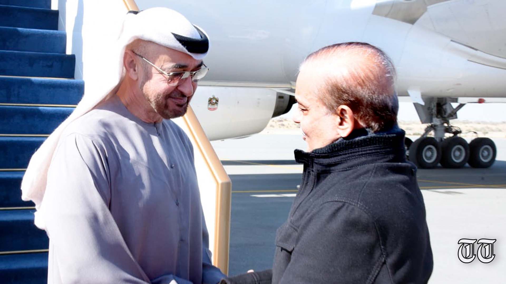 A file photo is shown of prime minister Shehbaz Sharif receiving UAE president Sheikh Mohamed bin Zayed Al-Nahyan in Rahim Yar Khan.