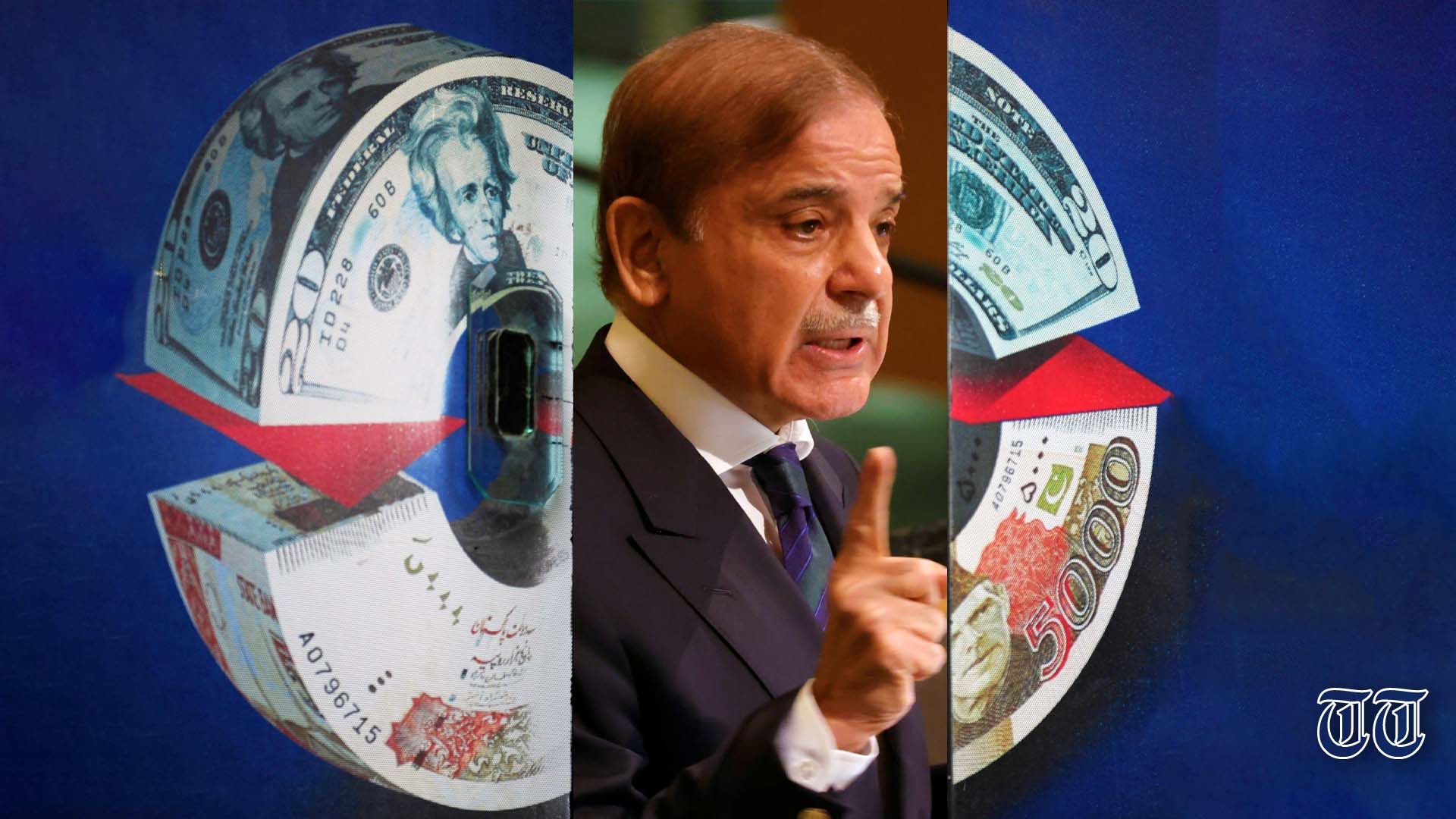 An illustration is shown of prime minister Shehbaz Sharif alongside U.S. Dollars and Pakistani Rupees. — FILE/THE THURSDAY TIMES