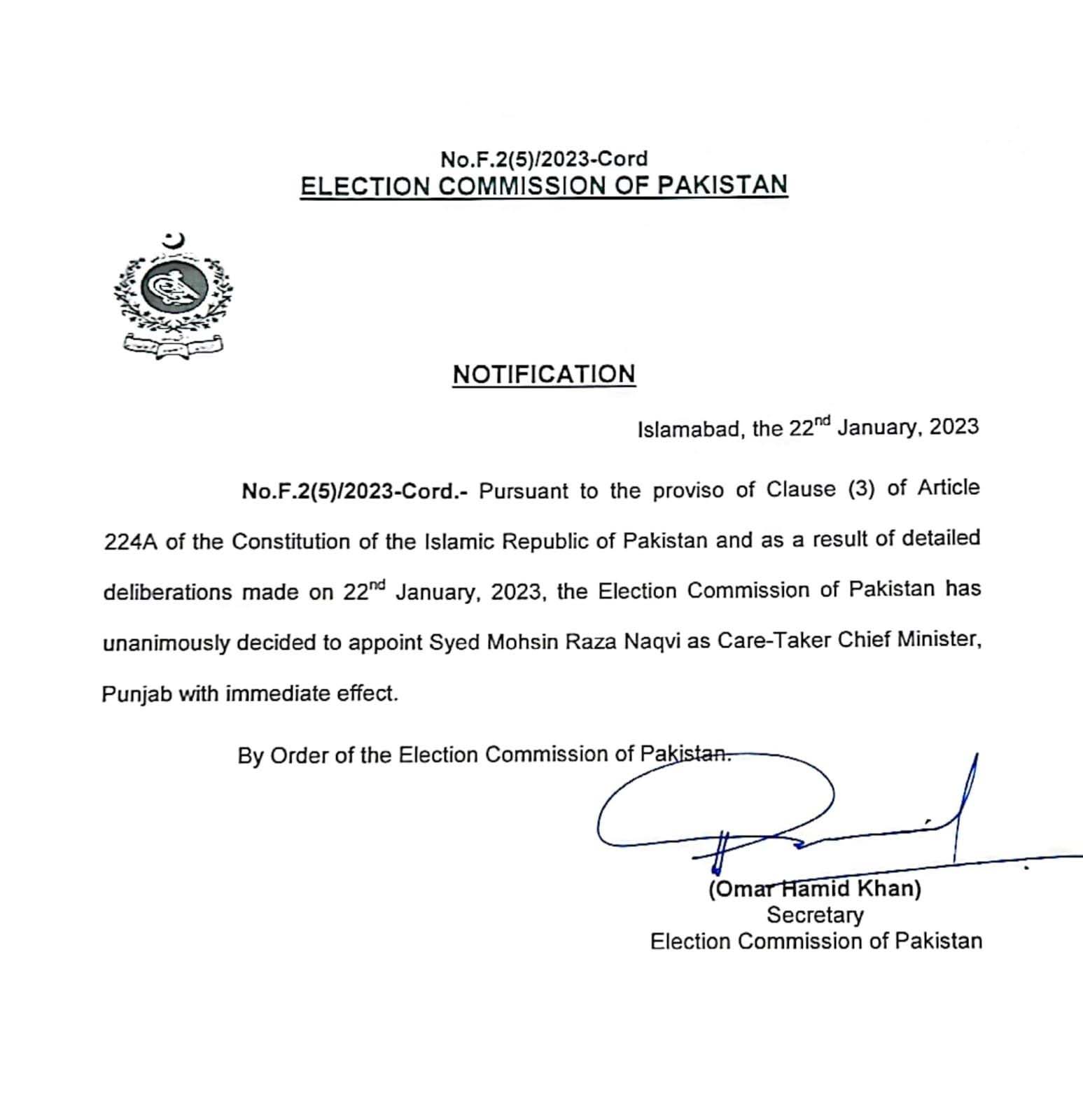 A file photo shows a notification issued by the ECP.