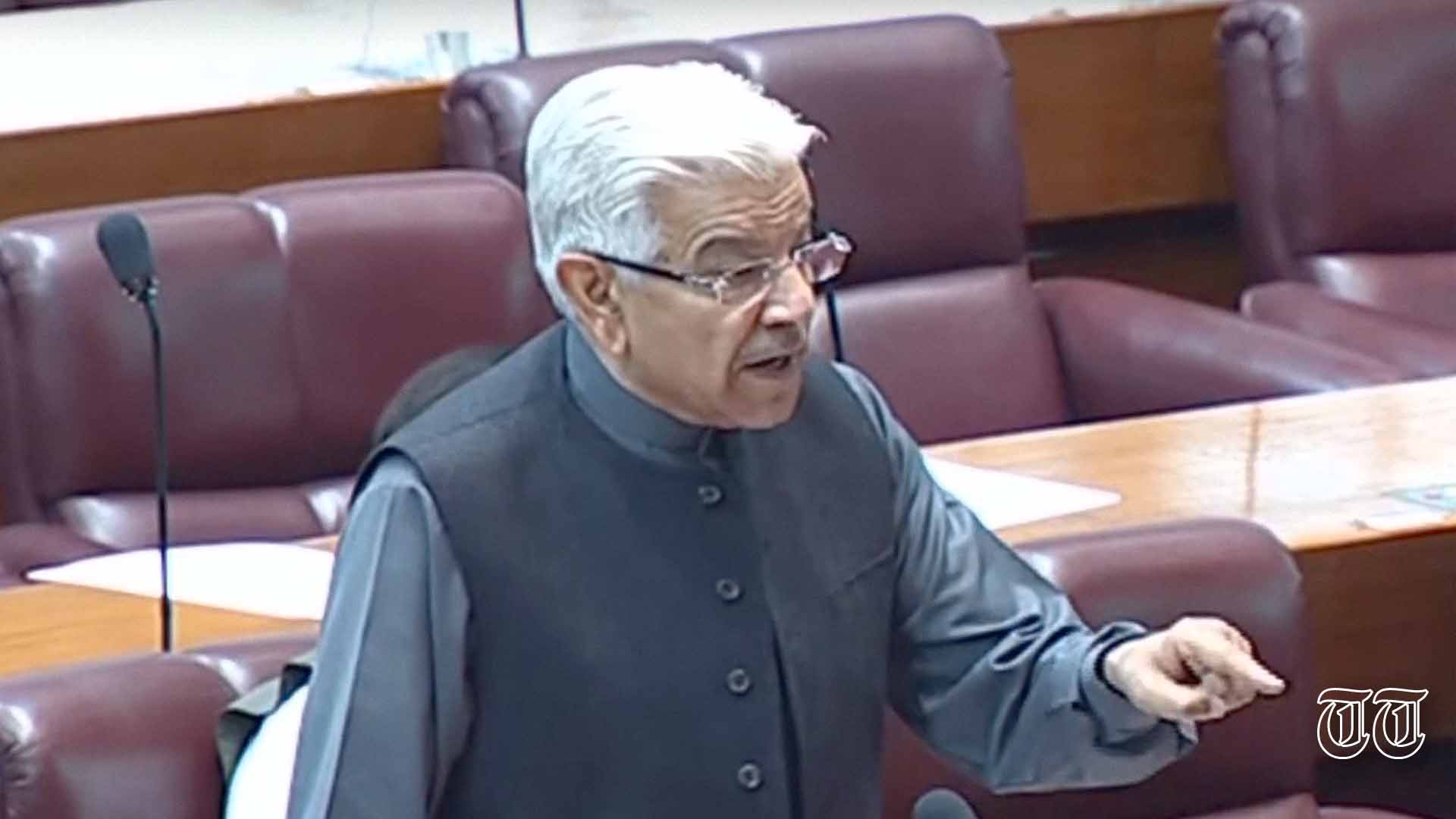A file photo is shown of defence minister Khawaja Asif addressing the National Assembly.