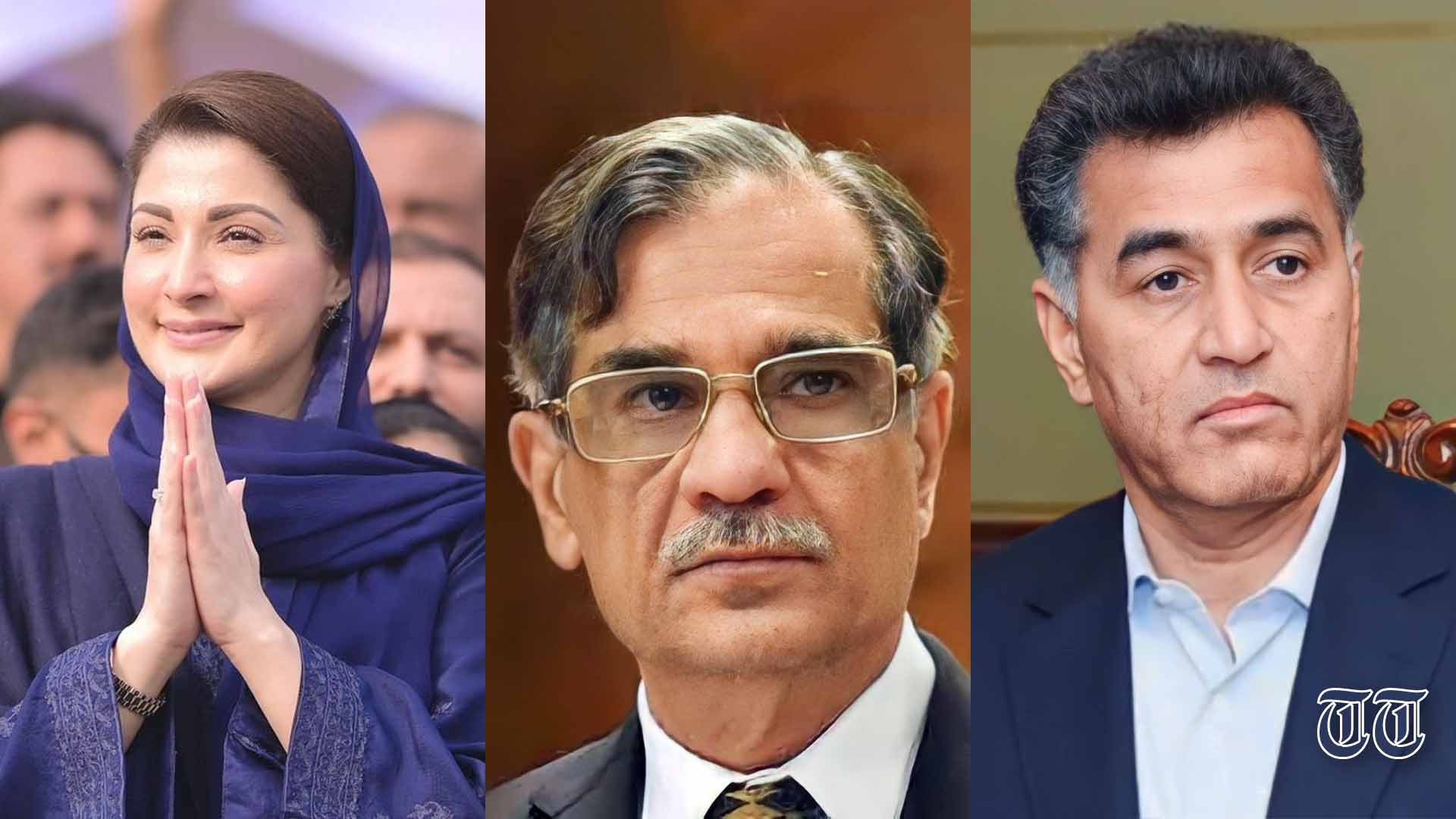 L to R shows PML(N) senior vice president Maryam Nawaz, former chief justice Saqib Nisar, and former DG ISI Faiz Hameed.