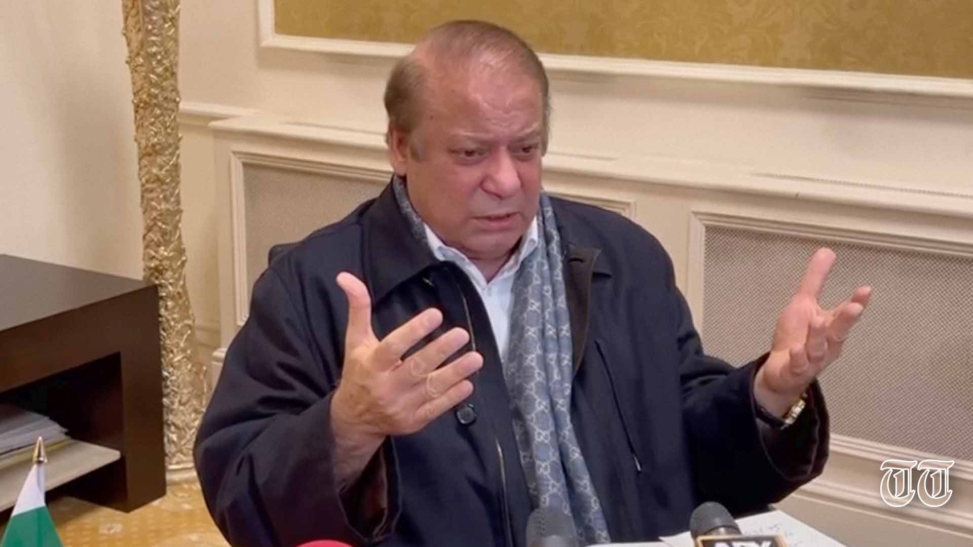 PML(N) chief Nawaz Sharif addresses reporters from his offices in London. — FILE/THE THURSDAY TIMES
