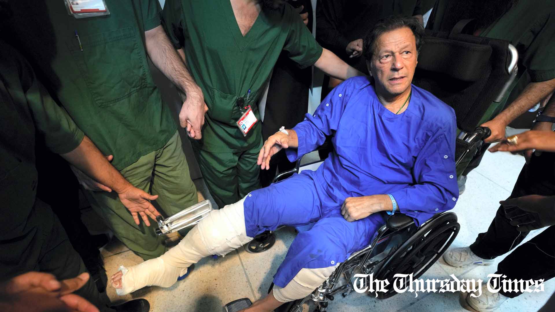 PTI president Imran Khan is shown after surviving an assassination attempt in late 2022.
