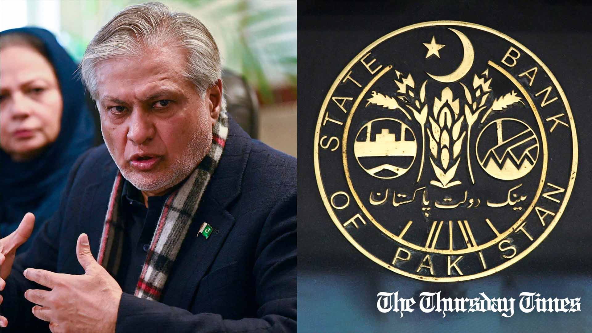 A combination photo is shown of finance minister Ishaq Dar and the State Bank of Pakistan emblem at Karachi. — FILE/THE THURSDAY TIMES