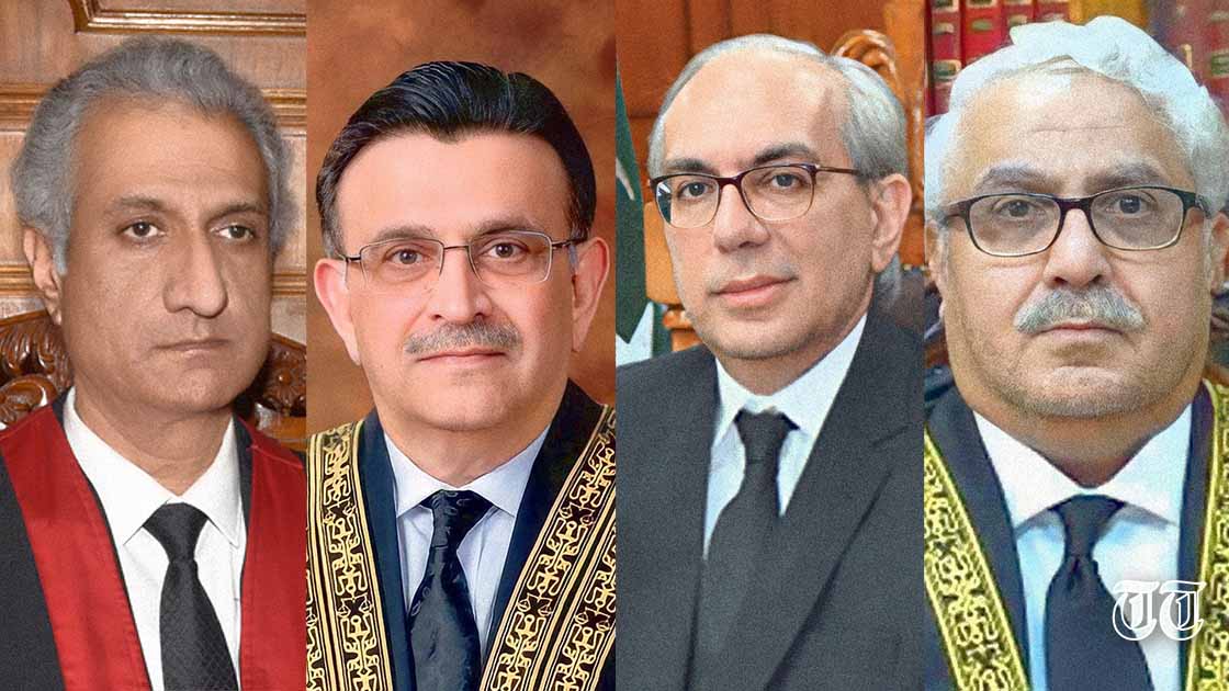 A combination photo is shown of Supreme Court JJs Ijazul Ahsan (L), Umar Ata Bandial, Munib Akhtar, and Mazhar Ali Naqvi (R). — FILE/THE THURSDAY TIMES