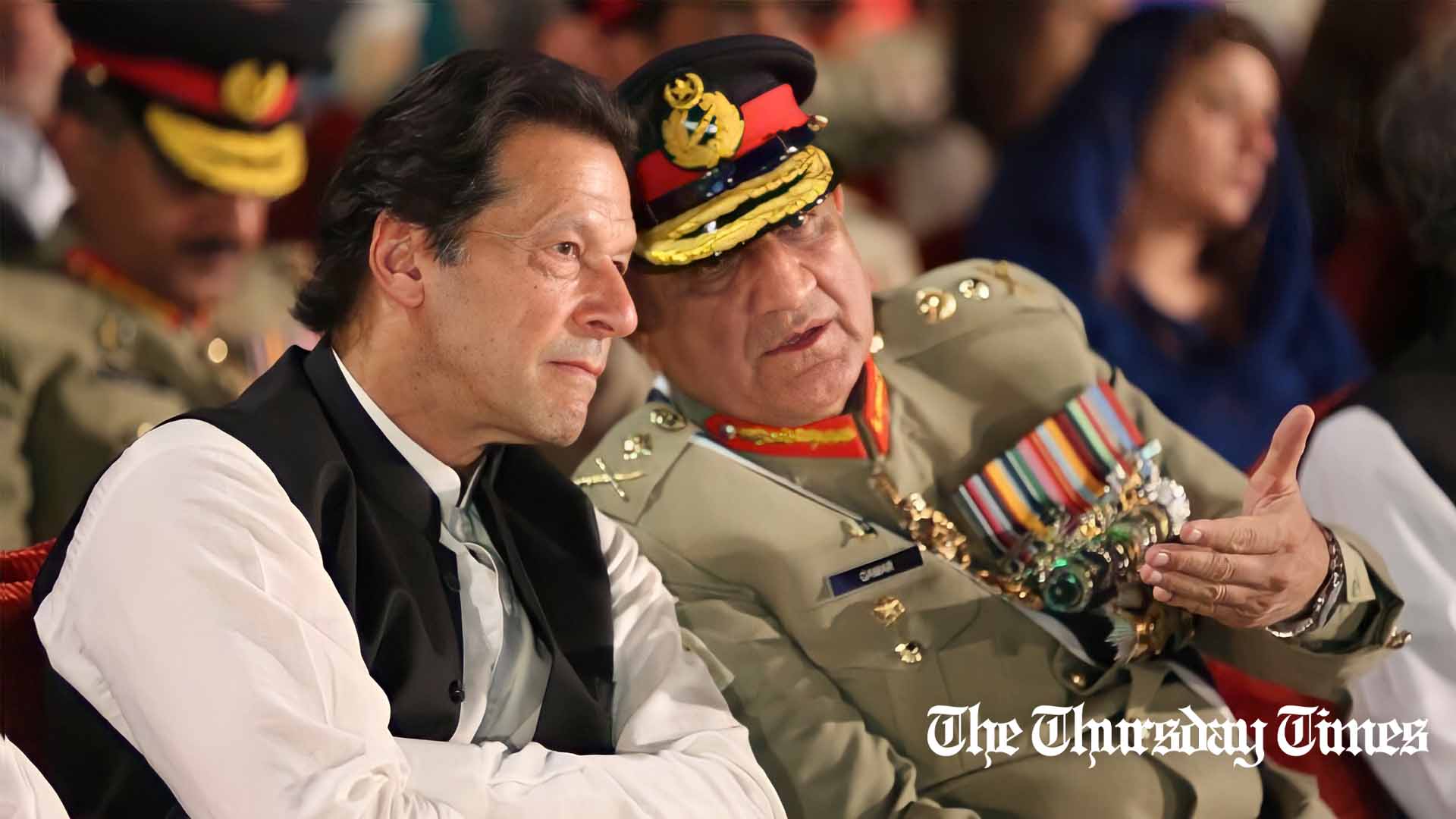 A file photo is shown of PTI chairman Imran Khan with former COAS Qamar Javed Bajwa in 2022.