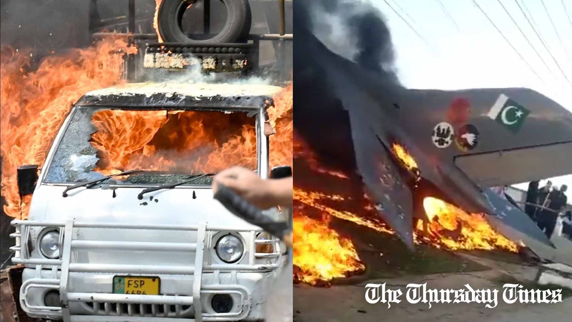 A combination file photo shows a PAF jet engulfed in flames in Mianwali (R) alongside a burning vehicle at Zaman Park (L) from March 15, 2023. — FILE/THE THURSDAY TIMES