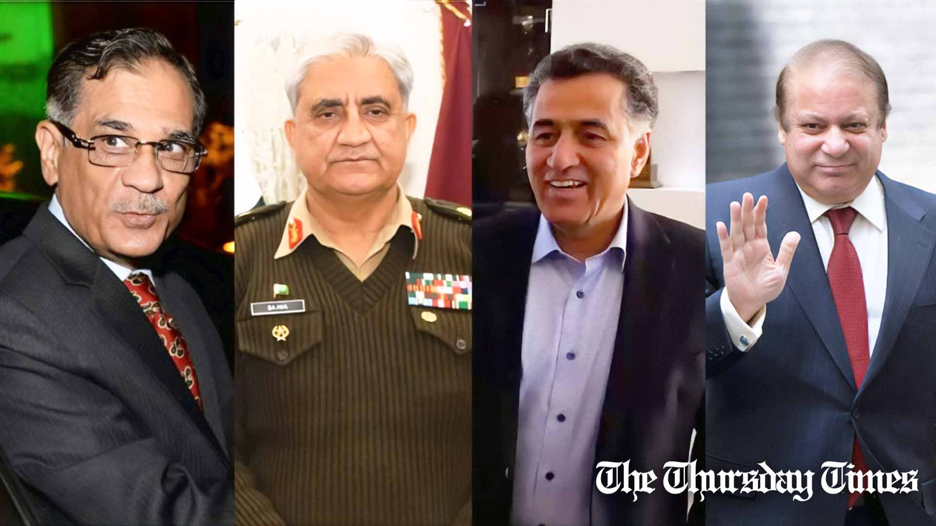 A combination photo is shown of former CJ Saqib Nisar (L), former COAS Qamar Javed Bajwa, former ISI chief Faiz Hameed, and PML(N) chief Nawaz Sharif. — FILE/THE THURSDAY TIMES