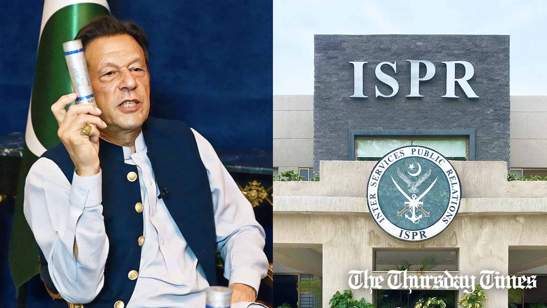 A combination photo is shown of PTI chairman Imran Khan at his Zaman Park residence alongside the ISPR offices in Rawalpindi. — FILE/THE THURSDAY TIMES