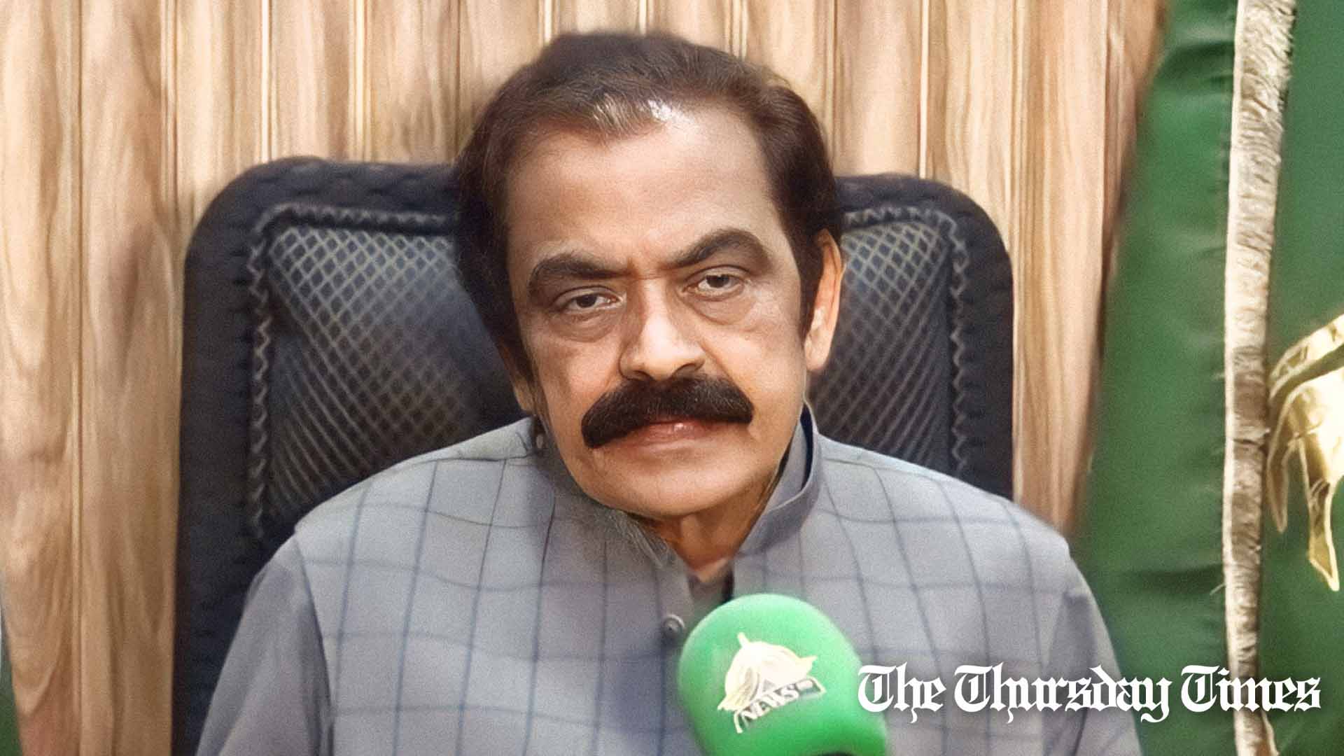 A file photo is shown of interior minister Rana Sanaullah addressing a press conference at Faisalabad. — FILE/THE THURSDAY TIMES