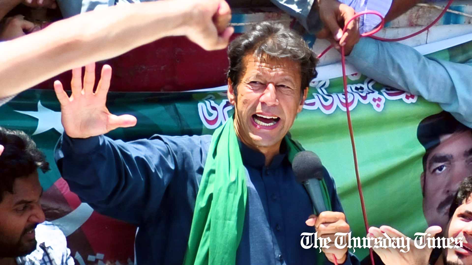 A file photo is shown of PTI chairman Imran Khan addressing a rally at Karachi in 2013. — FILE/THE THURSDAY TIMES