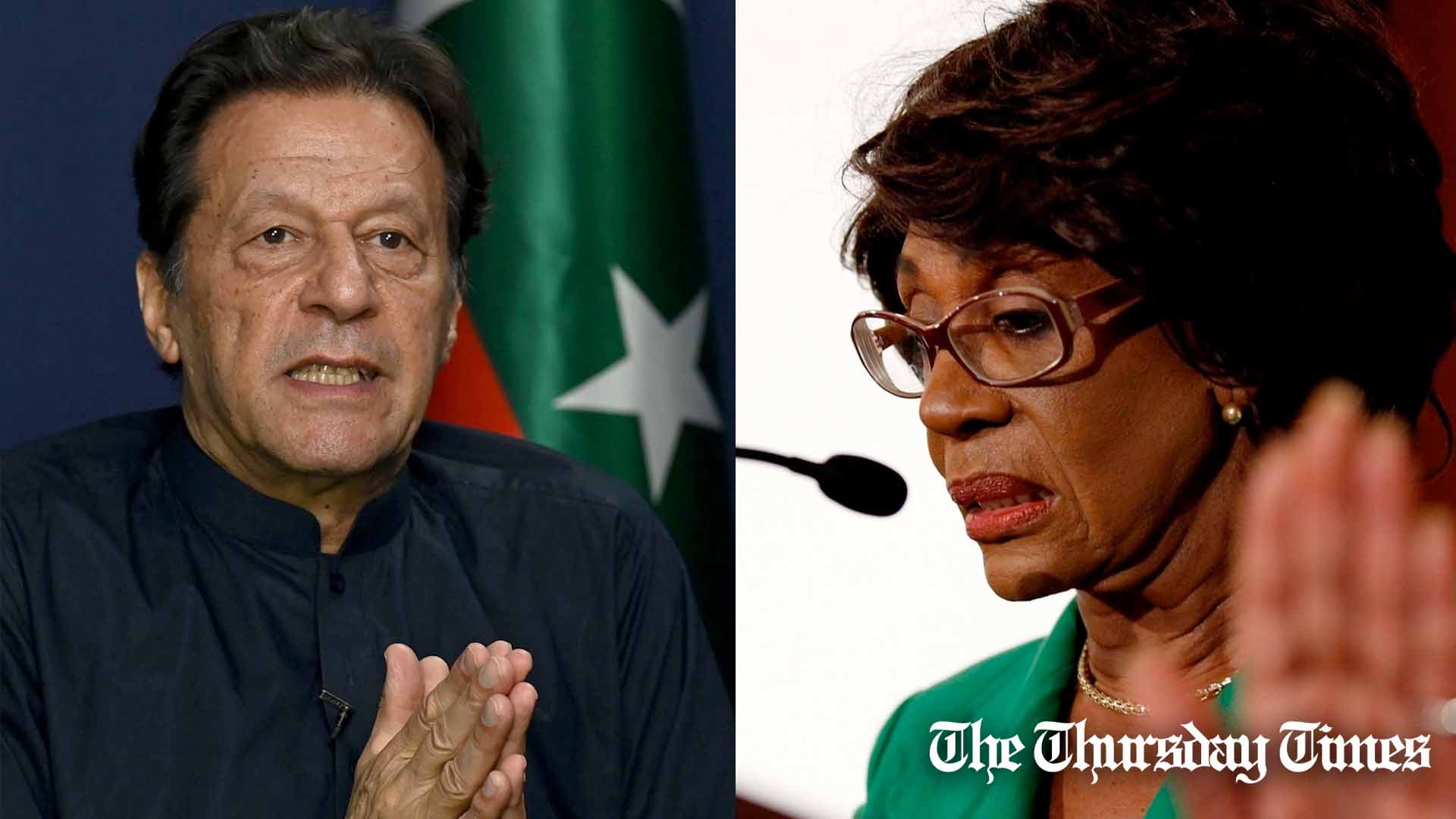 A combined file photo is shown of PTI chairman Imran Khan at Lahore in May 2023 (L) alongside U.S. Californian congresswoman Maxine Waters in 2010 (R). — FILE/THE THURSDAY TIMES
