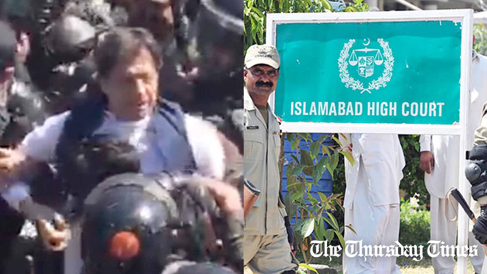 A combination file photo is shown of PTI chairman Imran Khan's arrest outside Islamabad High Court, alongside a signpost leading up the Courts. — FILE/THE THURSDAY TIMES