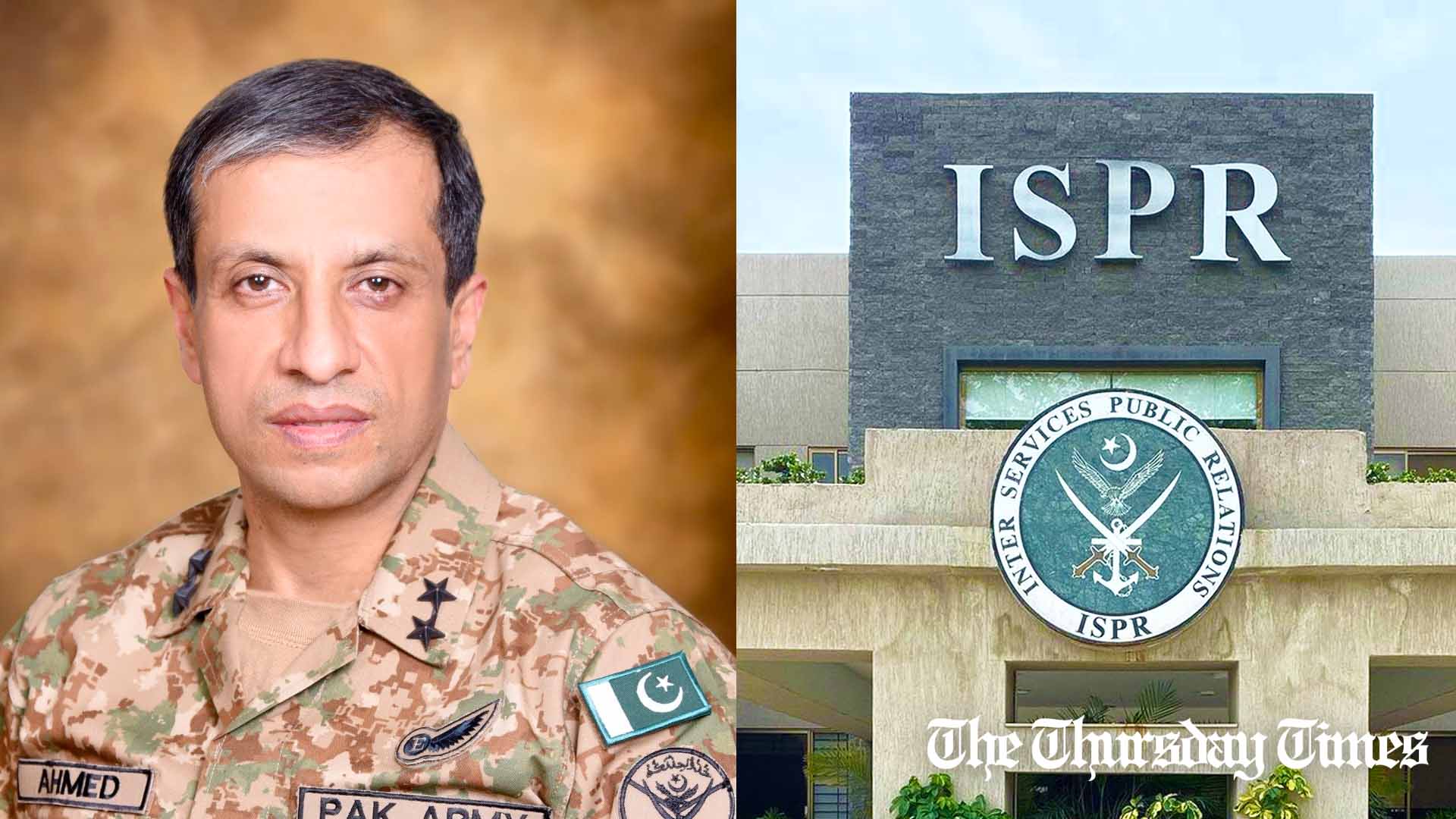 A combination file photo is shown of Director-General ISPR Maj Gen Ahmed Sharif alongside the ISPR headquarters at Rawalpindi. — FILE/ISPR/THE THURSDAY TIMES