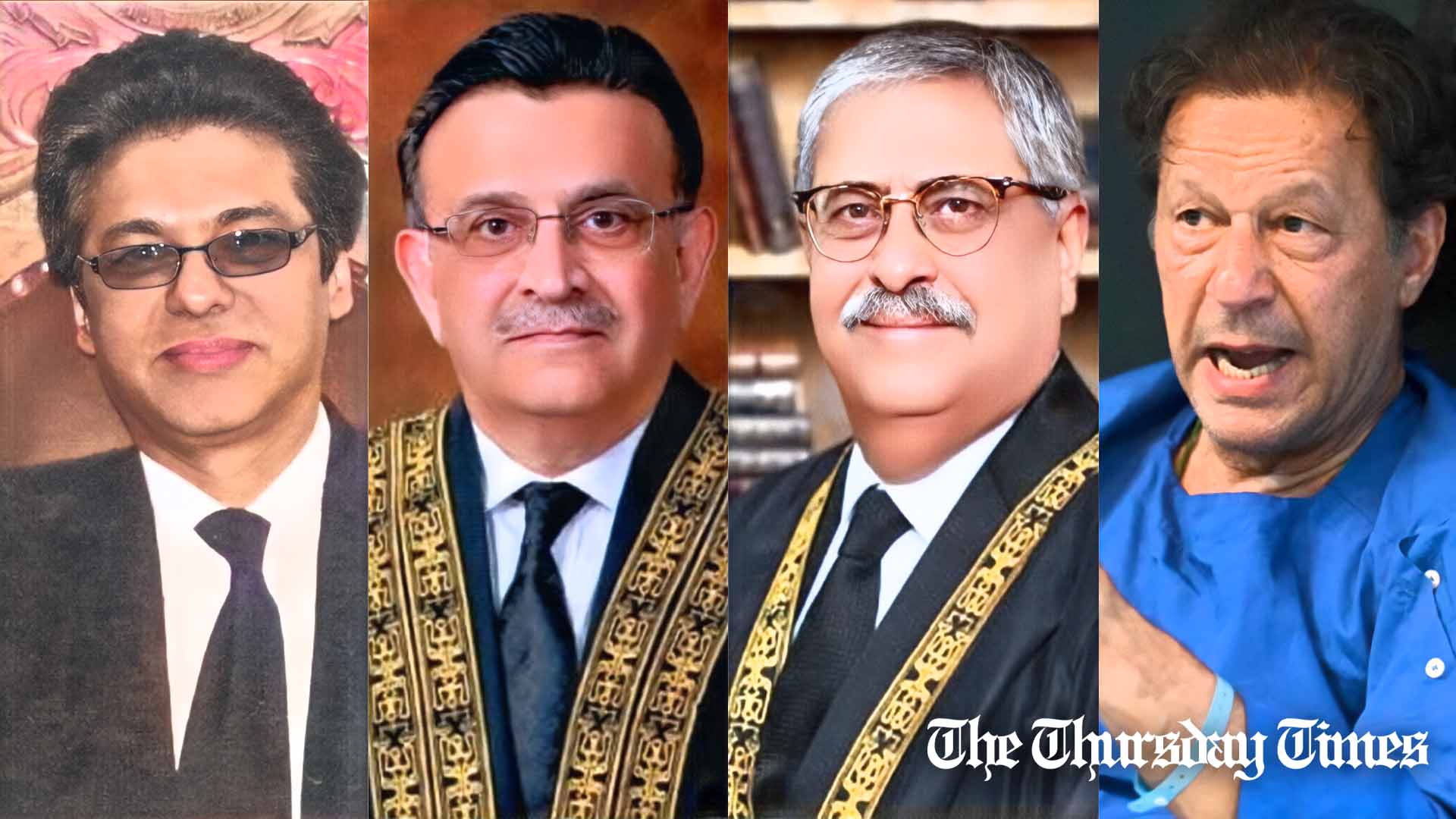 A combination file photo is shown of Supreme Court JJs Justice Muhammad Ali Mazhar (L), Chief Justice Umar Ata Bandial, Justice Athar Minallah, and PTI chairman Imran Khan. — FILE/THE THURSDAY TIMES