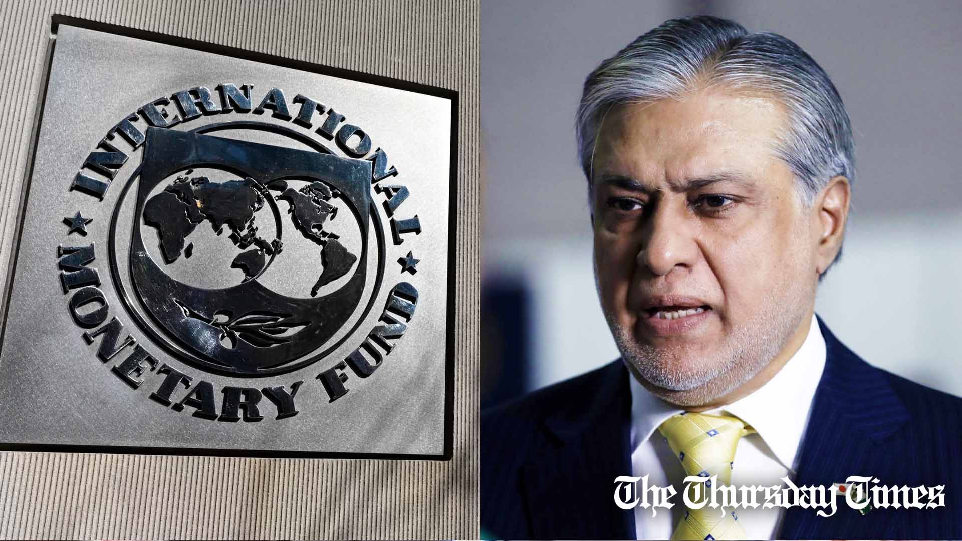 A combined file photo is shown of the IMF emblem at Washington, D.C. alongside finance minister Ishaq Dar. — FILE/THE THURSDAY TIMES