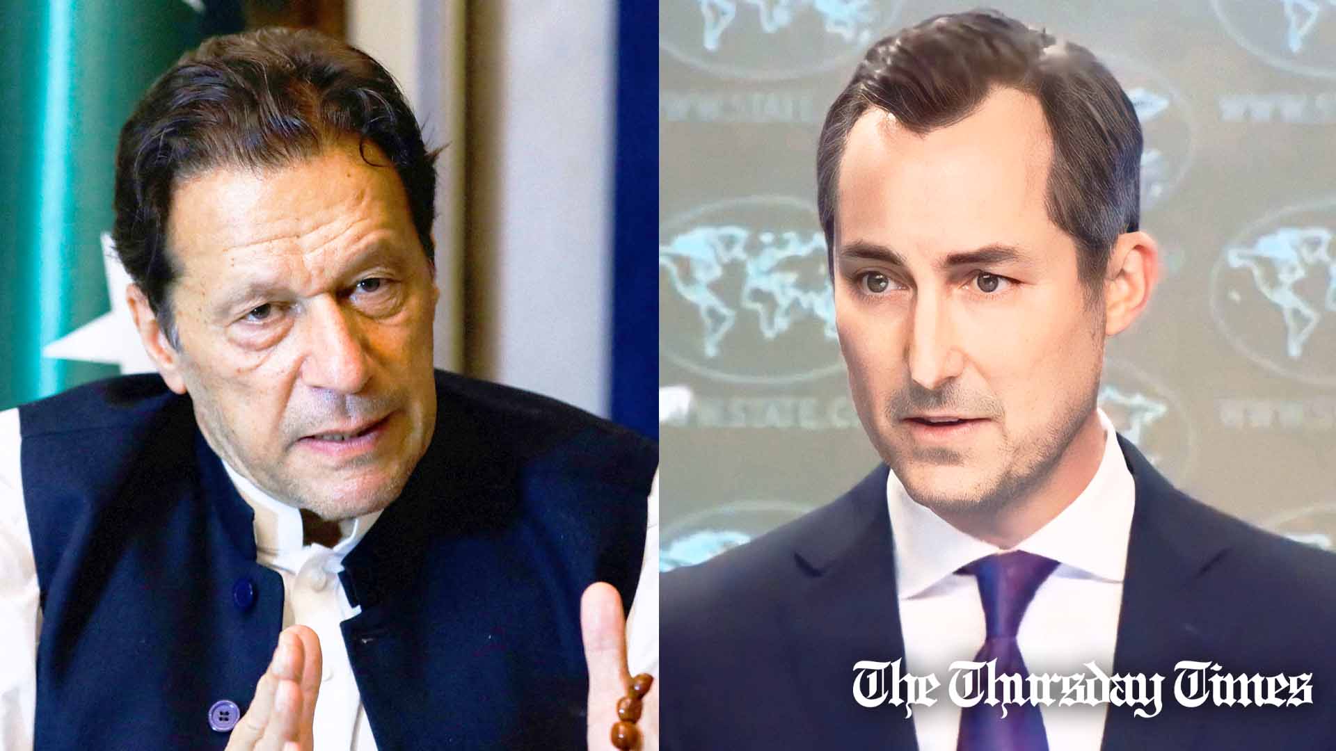 PTI chairman Imran Khan (L) and U.S. State Department spokesperson Matthew Miller (R) are shown. — FILE/THE THURSDAY TIMES