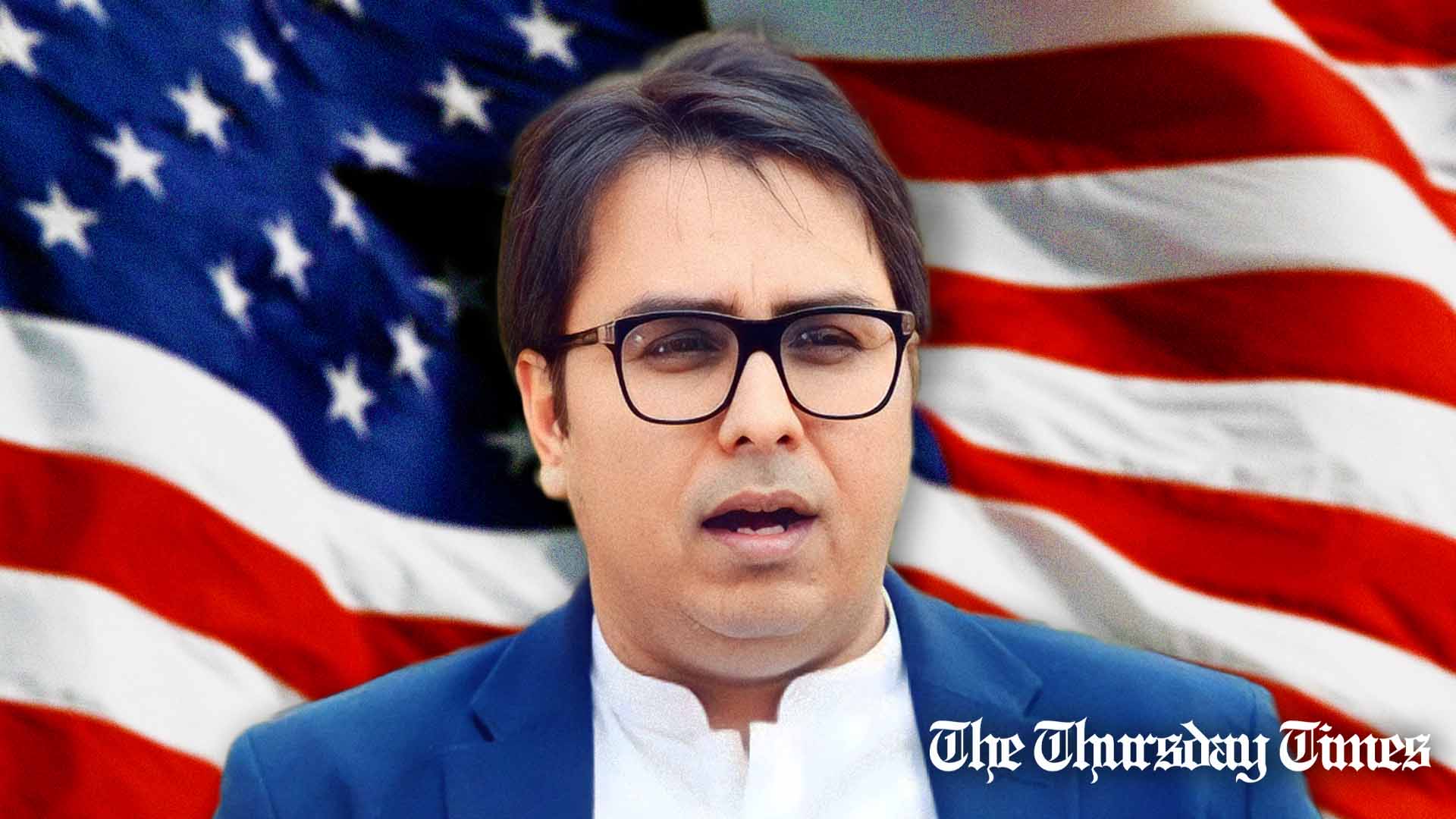 A file photo is shown of senior PTI leader Shahbaz Gill against a backdrop of the U.S. flag. — FILE/THE THURSDAY TIMES