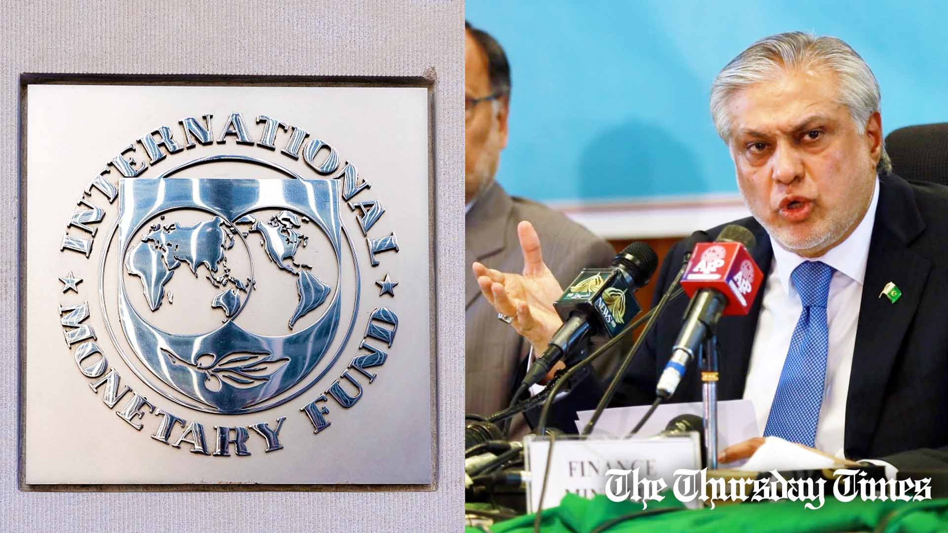A combined file photo is shown of the IMF emblem at Washington, D.C. alongside finance minister Ishaq Dar addressing a press conference at Islamabad. — FILE/THE THURSDAY TIMES