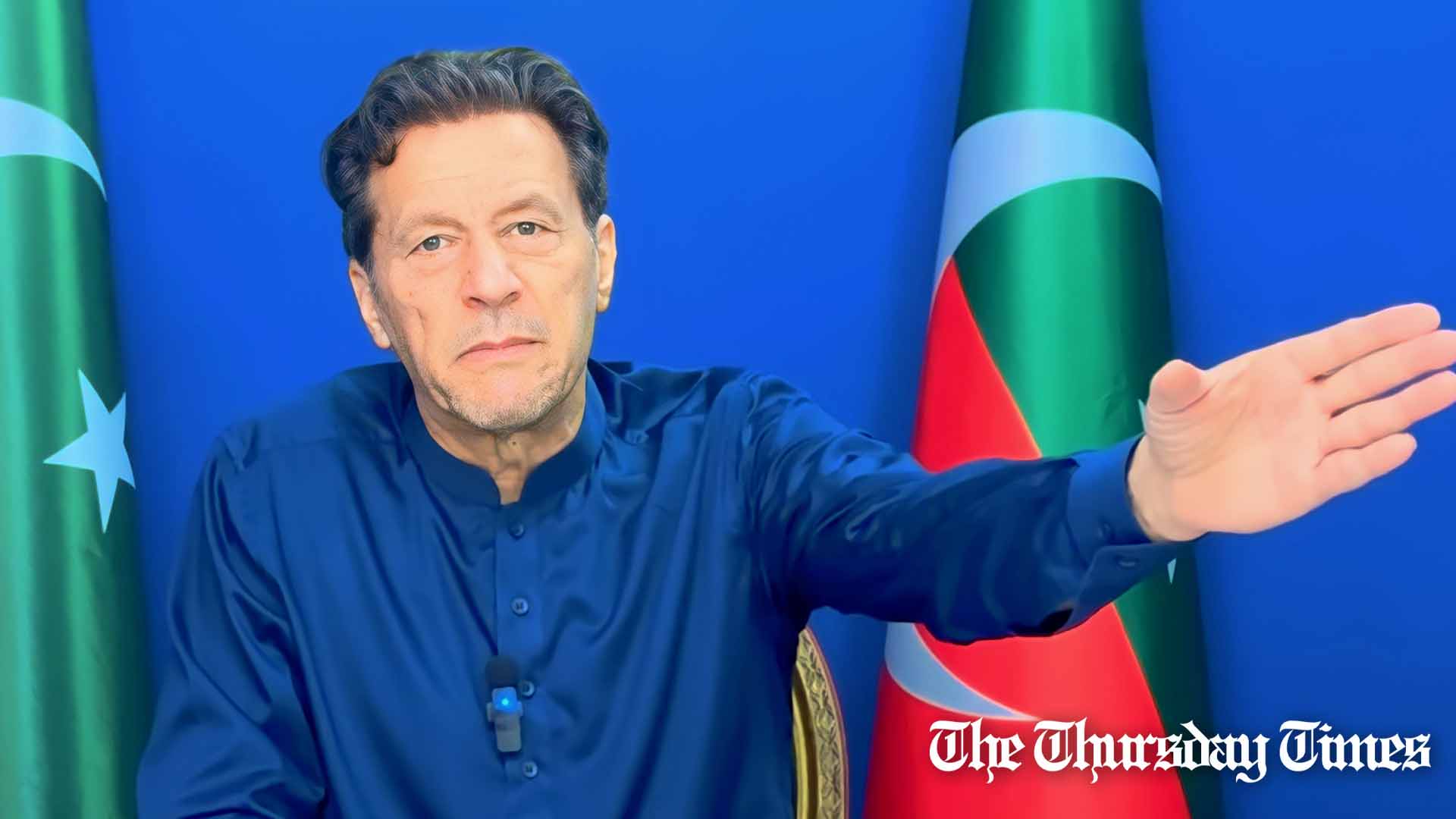 PTI chairman Imran Khan is shown in an address via video-link from his residence at Lahore's Zaman Park. — FILE/THE THURSDAY TIMES