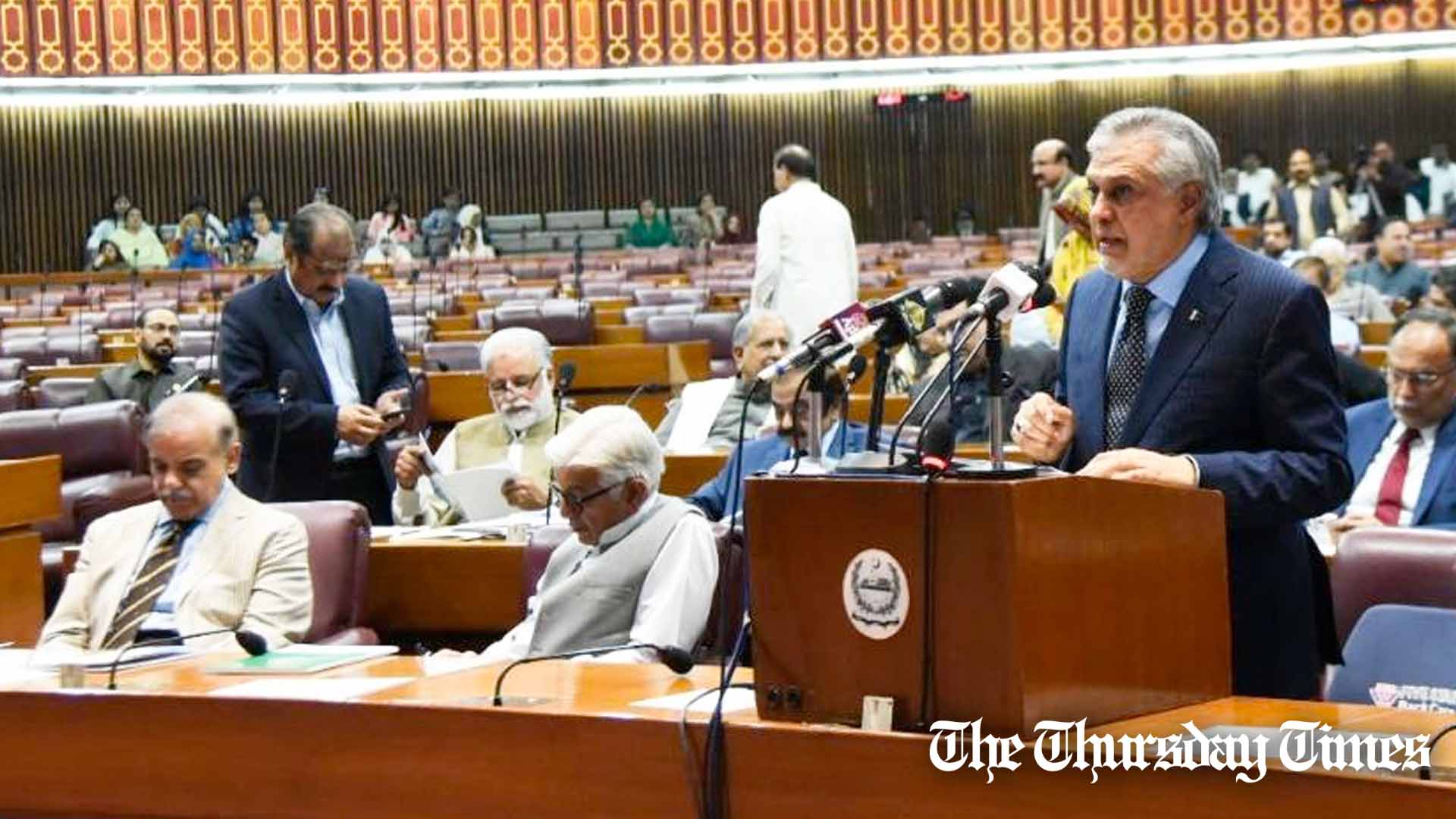 A file photo is shown of finance minister Ishaq Dar presenting the 2023-2024 Budget to the National Assembly. — FILE/THE THURSDAY TIMES