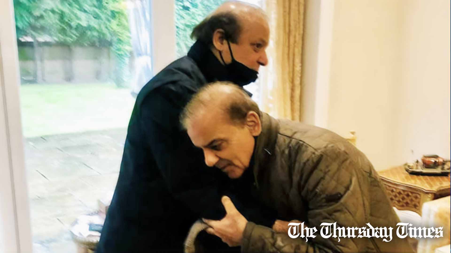 PML(N) chief Nawaz Sharif receives prime minister Shehbaz Sharif at London in 2022. — FILE/THE THURSDAY TIMES