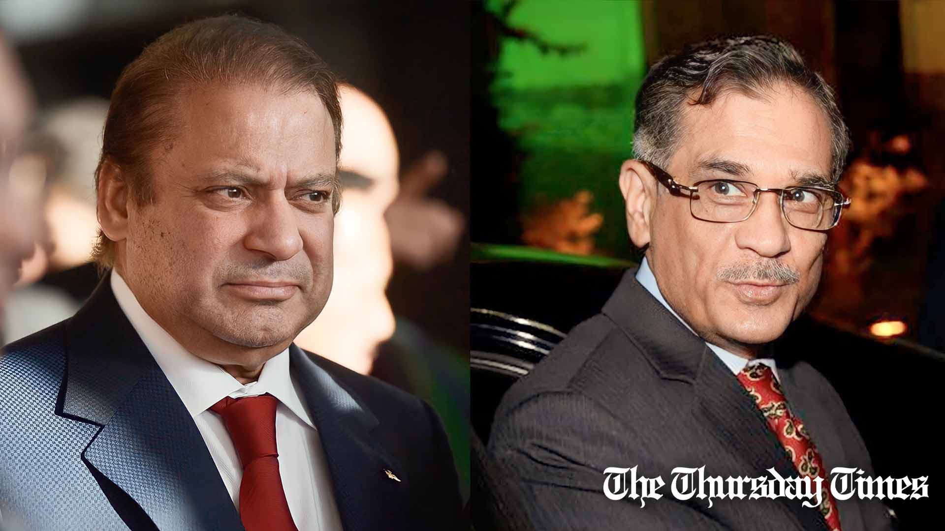 A combined file photo is shown of former prime minister Nawaz Sharif (L) and former Chief Justice of the Supreme Court of Pakistan Saqib Nisar (R). — FILE/THE THURSDAY TIMES