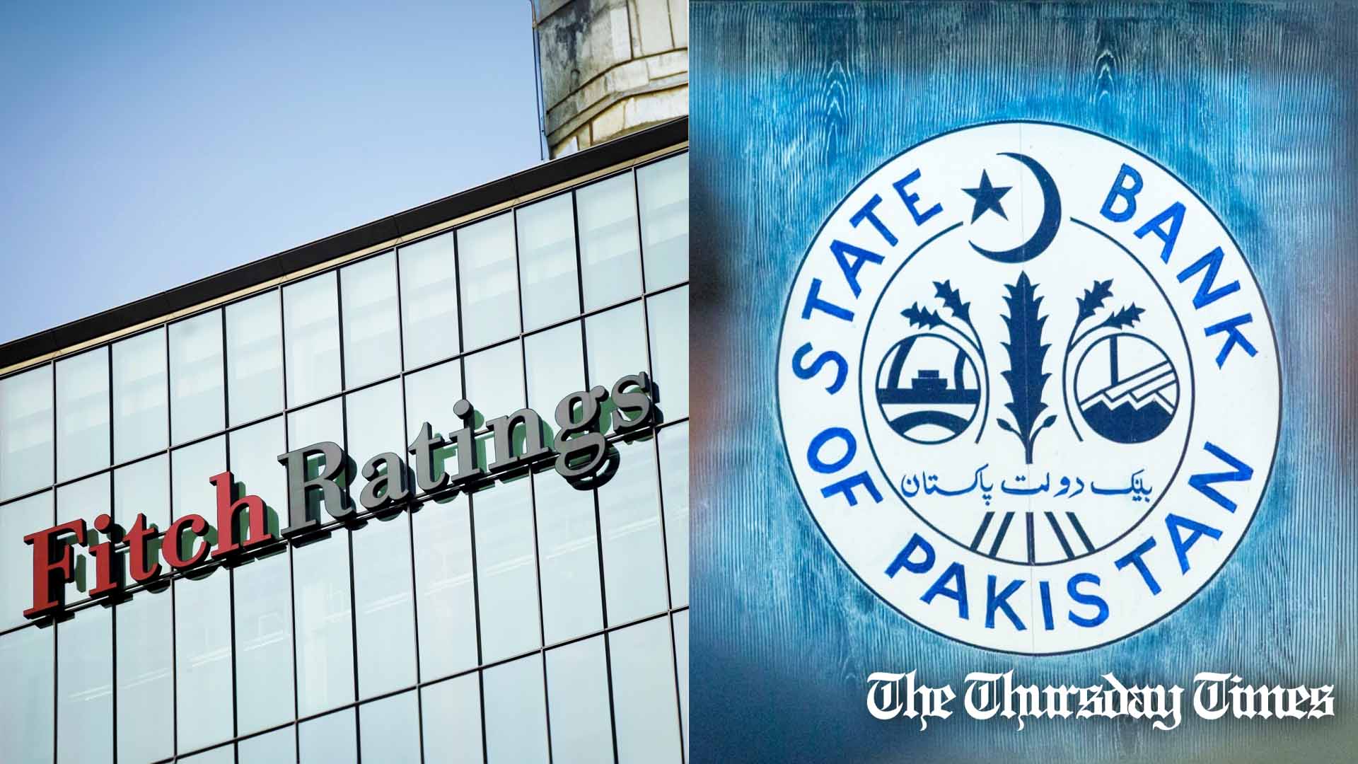 A combined file photo is shown of Fitch Ratings' London offices (L) and the State Bank of Pakistan emblem at Karachi (R). — FILE/THE THURSDAY TIMES