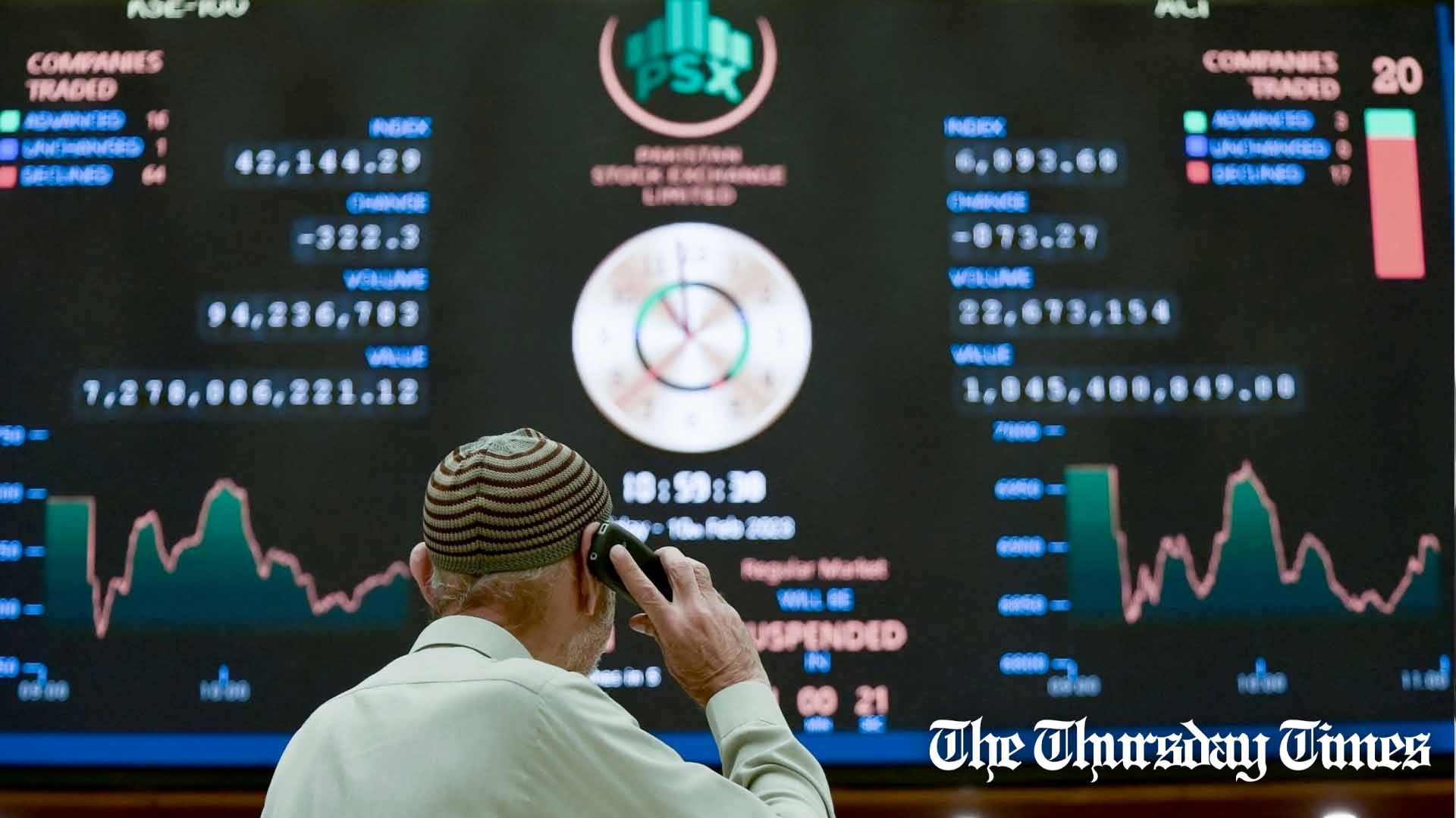 A broker engages in a phone conversation while simultaneously glancing at an index board displaying the most recent share prices at the Pakistan Stock Exchange at Karachi. — AFP