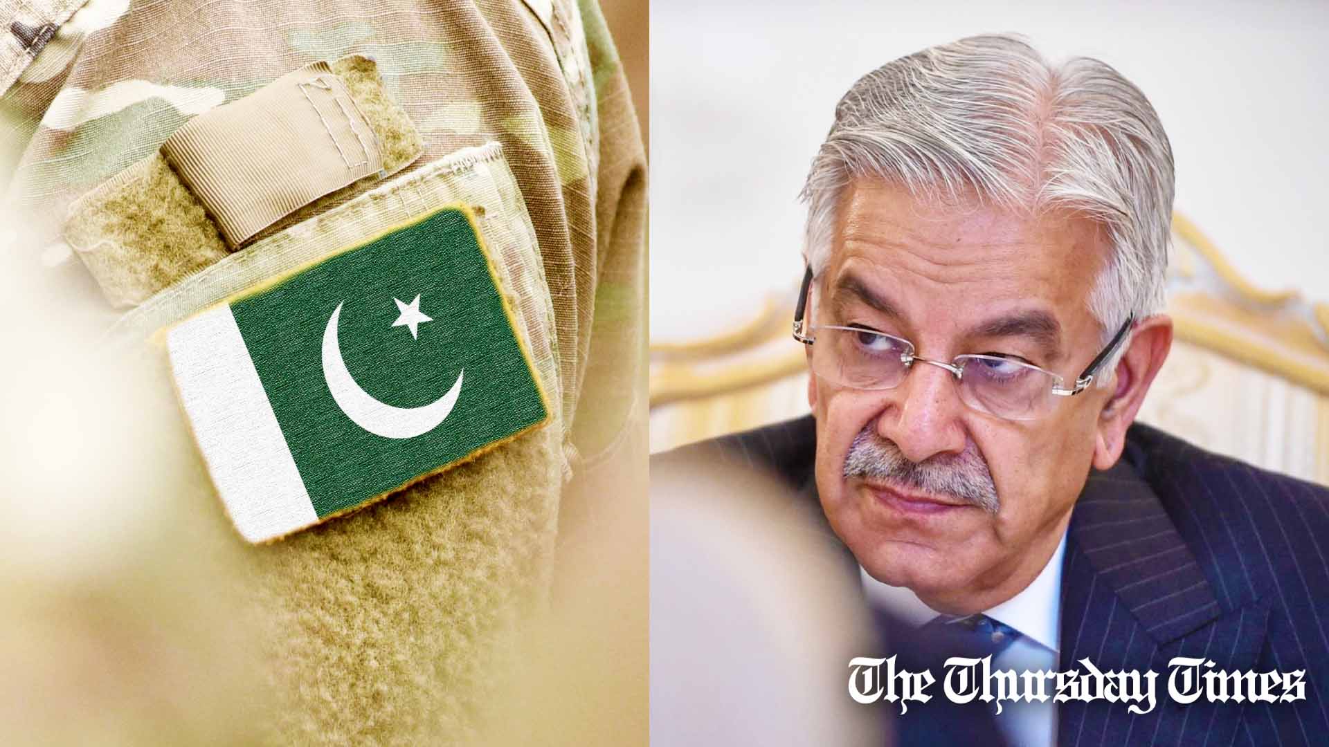 A combined file photo is shown of the Pakistan Army uniform (L) and defence minister Khawaja Asif (R). — FILE/THE THURSDAY TIMES