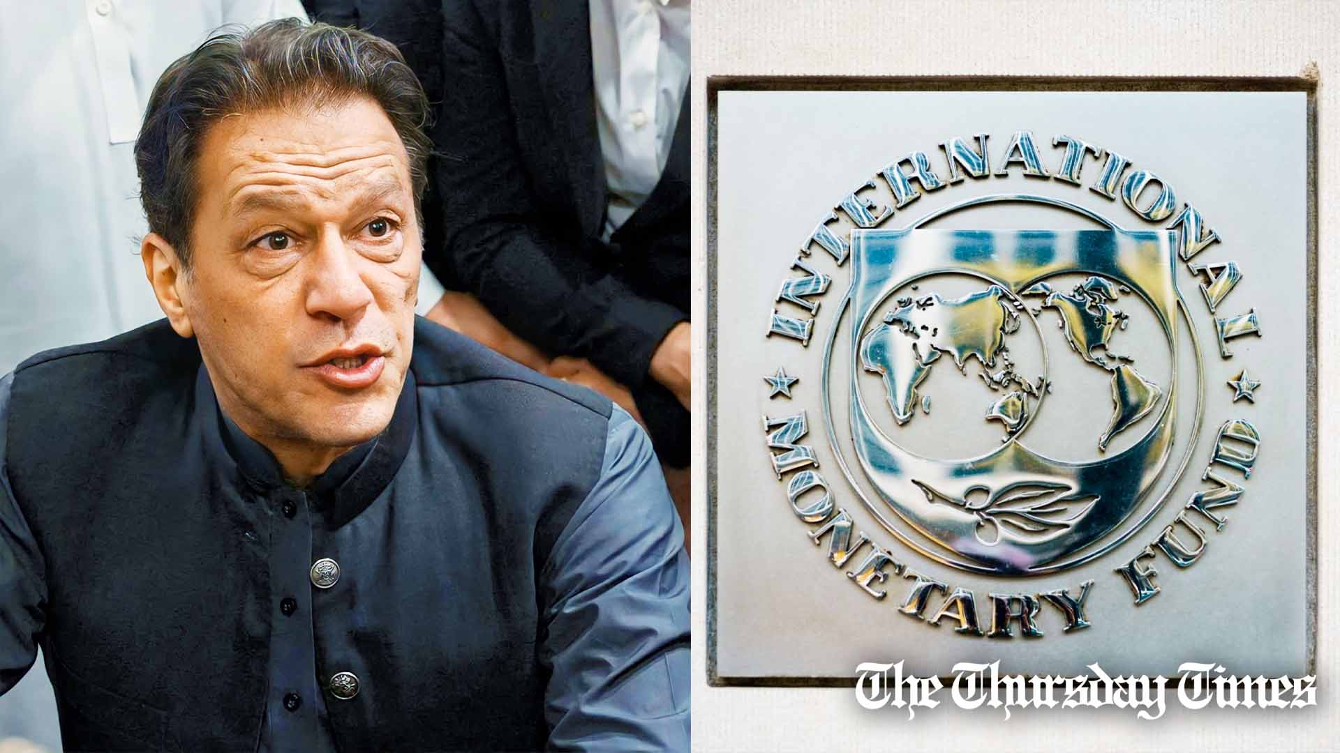 A combined file photo is shown of PTI chairman Imran Khan alongside a plague of the IMF's logo at Washington, D.C. — FILE/AFP/THE THURSDAY TIMES