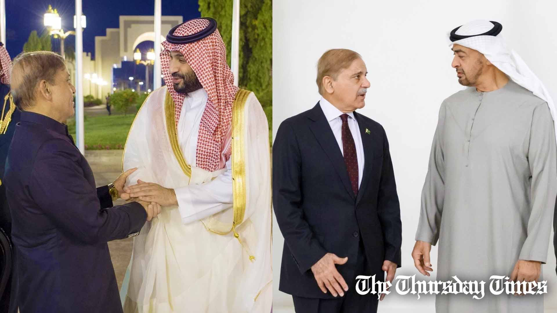 A combined file photo is shown of Prime Minister Shehbaz Sharif meeting with Saudi Crown Prince Mohammed bin Salman (L) and UAE president Mohamed bin Zayed Al Nahyan (R). — ROYAL COURT OF SAUDI ARABIA/UAE PRESIDENTIAL COURT/THE THURSDAY TIMES