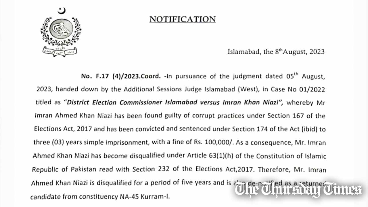 A file photo is shown of the notification disqualifying PTI chairman Imran Khan from contesting elections. — FILE/THE THURSDAY TIMES