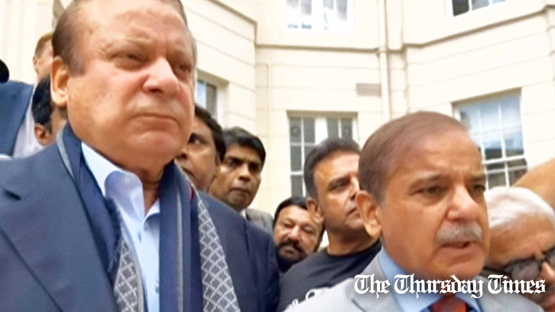 A file photo is shown of PML(N) chief Nawaz Sharif (L) and PML(N) president Shehbaz Sharif (R) outside Stanhope Place in Westminster. — FILE/THE THURSDAY TIMES